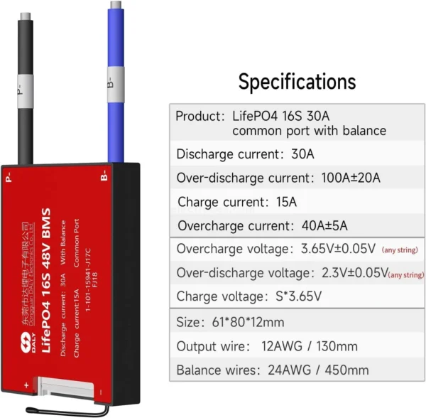 DALY 16S 48V 30A LiFePO4 BMS – Waterproof Battery Management System with Balancing & Temperature Sensor - Image 2